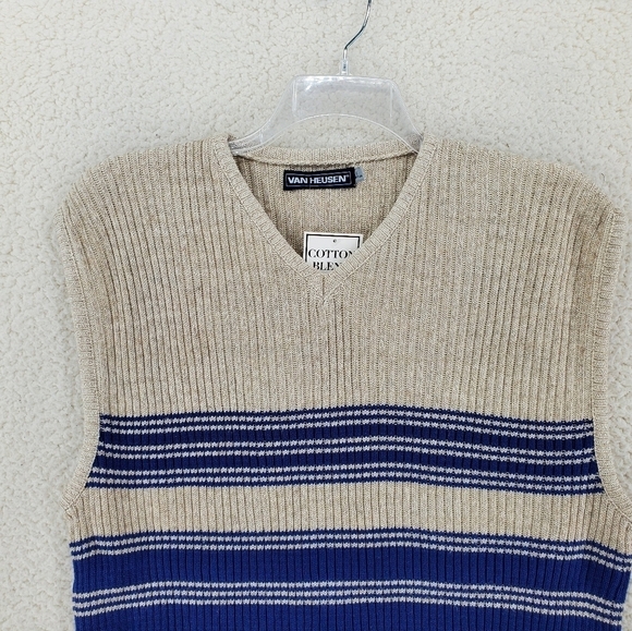 Vtg 90s Van Heusen Vest Dad Pullover Beige Blue Striped Linen Cotton Men L NWT - Picture 15 of 15